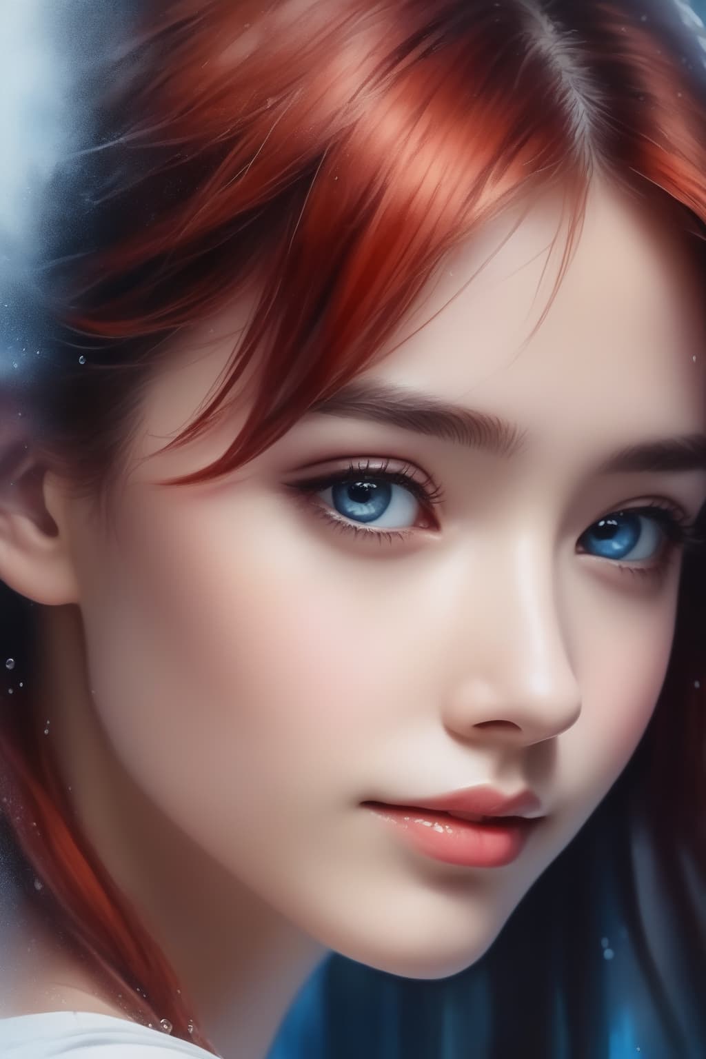 AI generated: A water color of close up model's face, Red hair and blue eyes, raindrops as foreground, a wet look,...