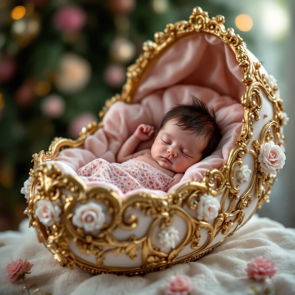 AI generated: prompt um bebê recém-nascido dormindo aninhado dentro de um berço ornamentado em forma de ovo. O ber...