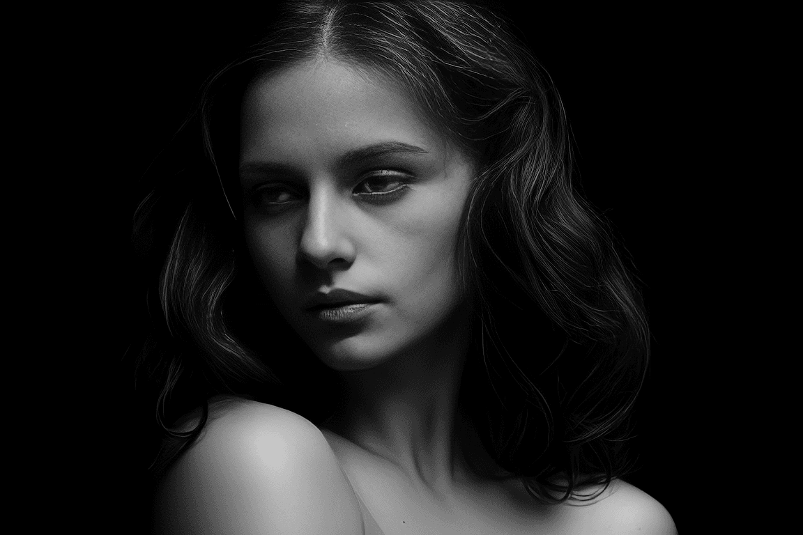 AI generated: (monochrome:1.4), dark theme, backlit, close-up, side view, low key, professional black and white st...