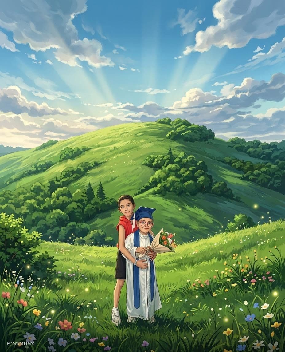 AI generated: a highly detailed matte painting of a young boy and girl at the bottom of a huge hill by studio ghib...