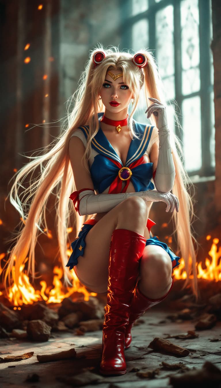 AI generated:  cute european woman,hot sailormoon cosplay ,posing , epic action scene,real photo,full body,young,s...