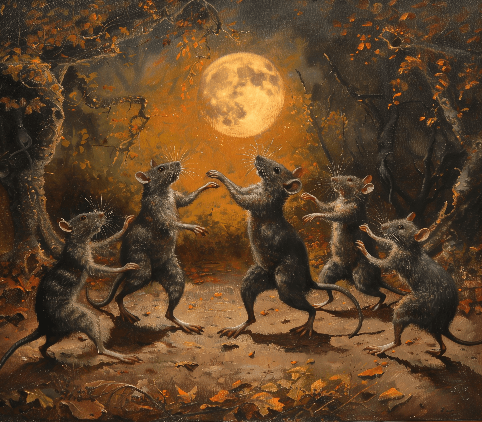 AI generated: Rats dancing in a circle, holding paws, under a full moon, the style of Goya and Hieronymus Bosch, o...