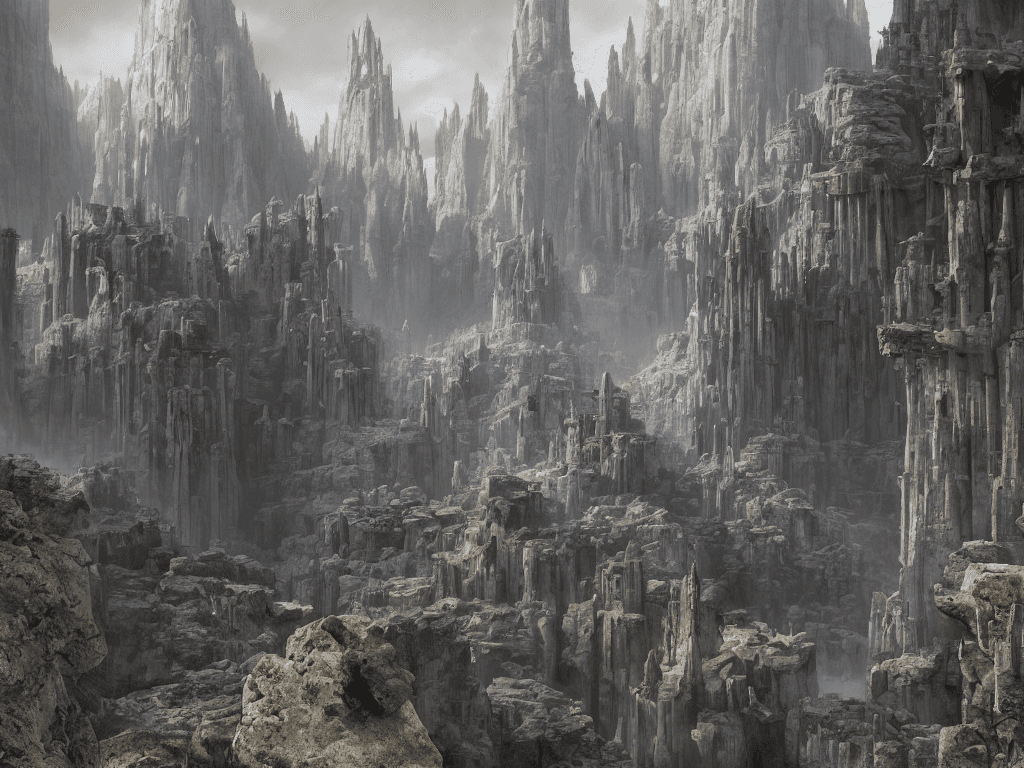 AI generated: stunning city of stone inside a gray granite canyon, fusion of star wars and gothic revival architec...