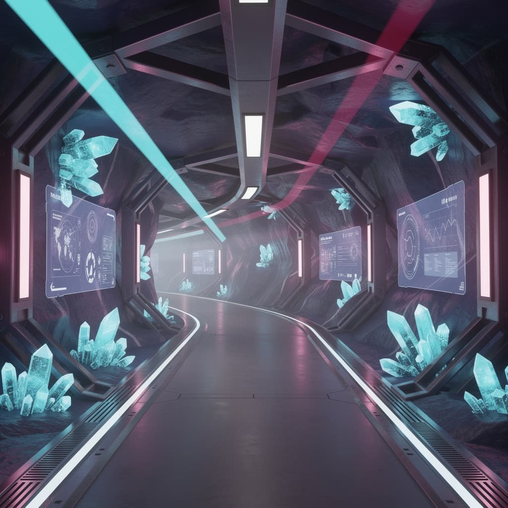 AI generated: digital mine corridor becoming more technological, navy to purple gradient walls, 
brighter cyan cry...