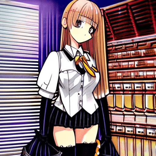 AI generated: Anime. Schoolgirl, big breasts, wide hips, bra visable, nervous, smiling, schoolgirl uniform