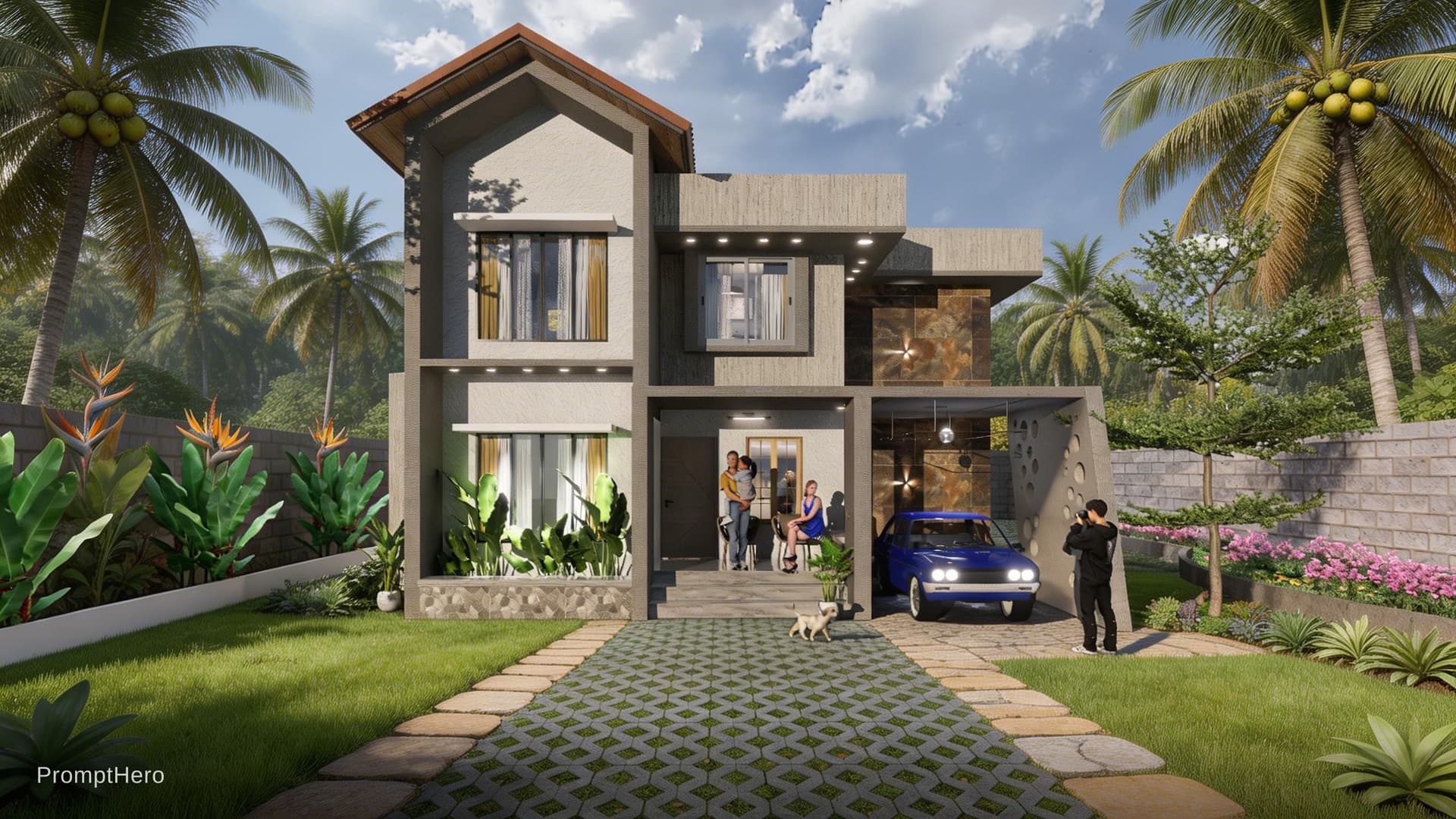 AI generated: Ultra-realistic Kerala tropical landscape with tall coconut trees, dense green foliage, and lush gar...