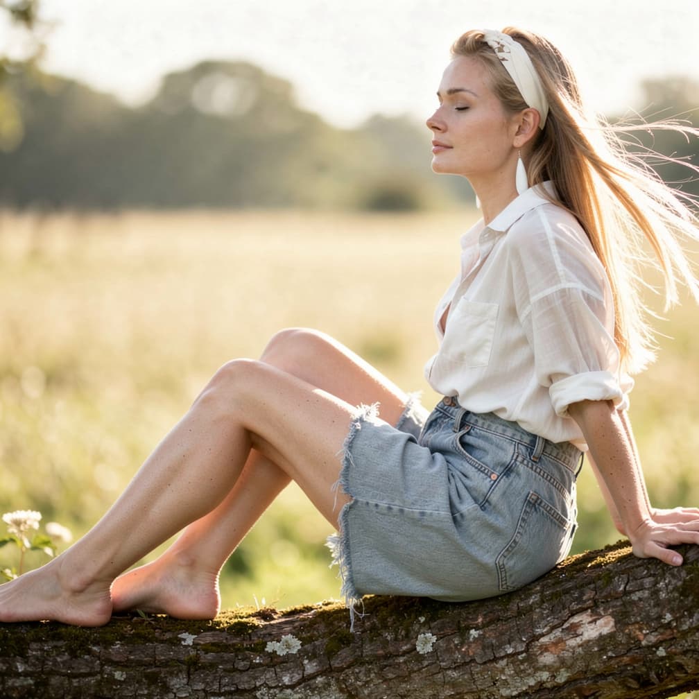 AI generated: A woman relaxes in contemplation on a thick branch of a tree, her style radiating through every deta...
