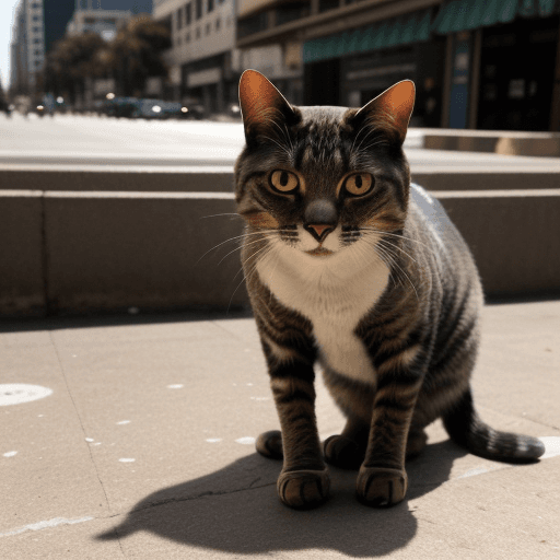 AI generated: el rostro muy cercano de un gato saltando una azotea en la ciudad americana