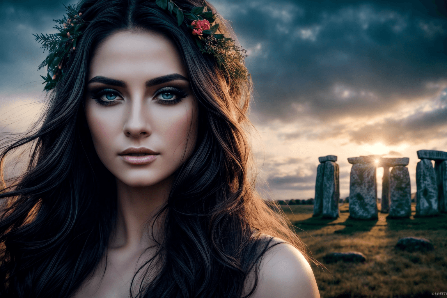 AI generated: Beautiful pagan druid, stonehenge, ritual, Victoria Frances, luis royo, (french:0. 3, italian:, Roma...