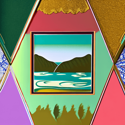 AI generated: Retro Sunset, Mountain Lake scene, green, gold, illustration, inspired by James Jean