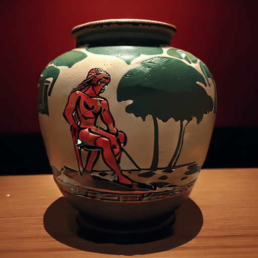 AI generated: a 4k photo of a classical greek vase in the "red-figure pottery" style sitting in a museum depicting...