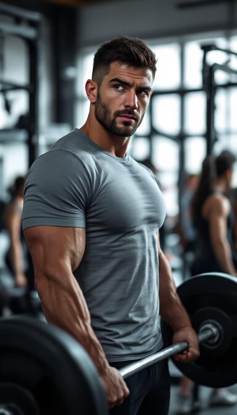 AI generated: A 29-year-old Croatian man in a modern gym setting, engaged in an intense workout. He has an athleti...