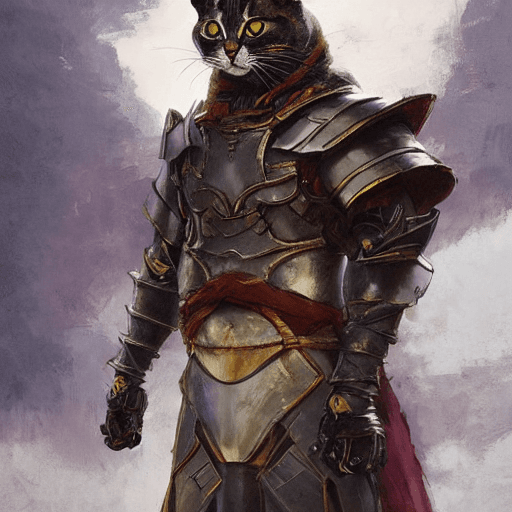 AI generated: cat wearing armor of japanese design, character illustration by Aaron Miller, Greg Rutkowski, thomas...
