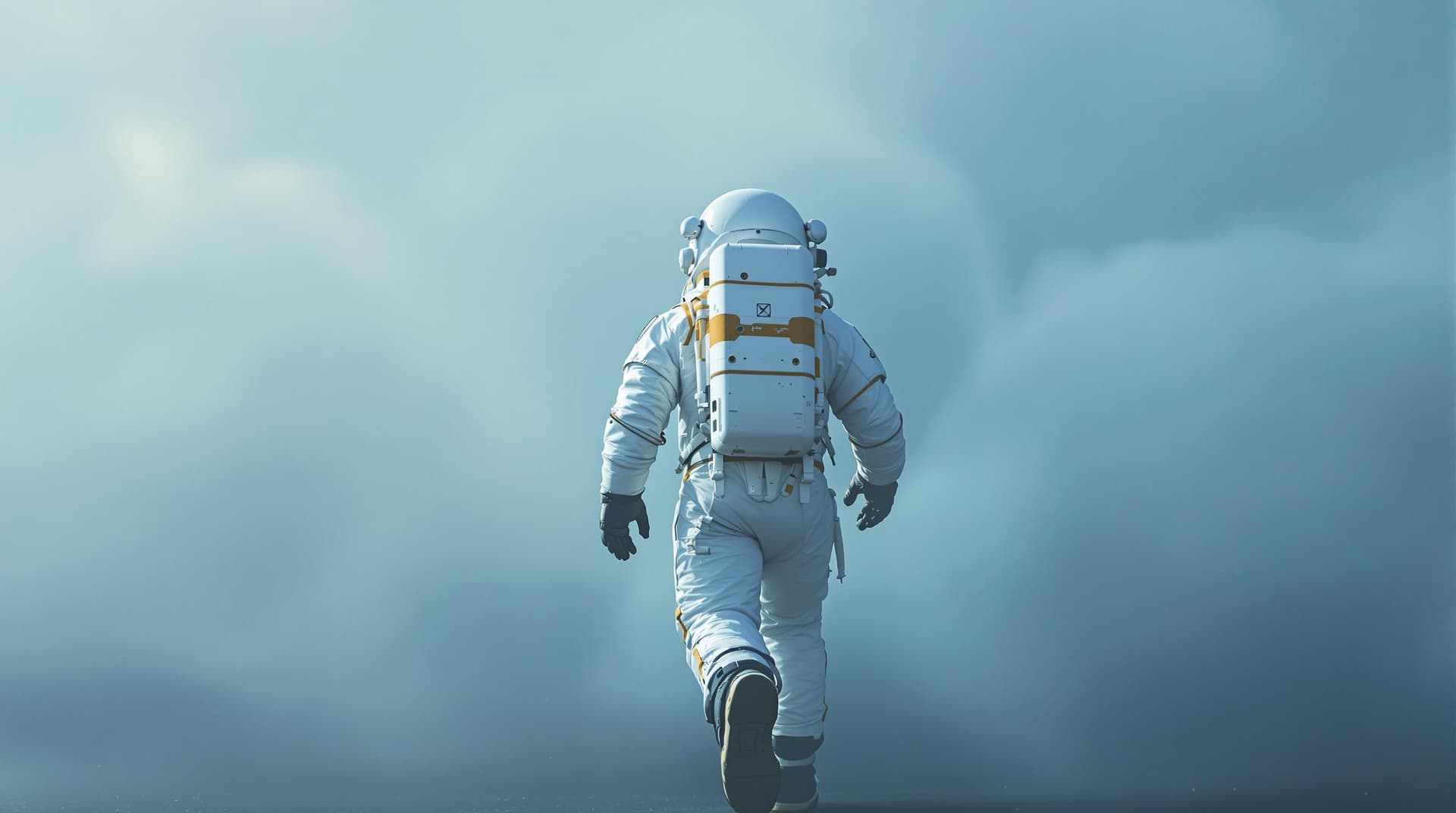 AI generated: Back view of a highly detailed astronaut in his space suit walking in the fog in the style of light ...
