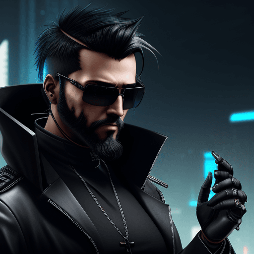 AI generated: cyberpunk priest with cyberware and aviator sunglasses. short black hair and short black beard. 
