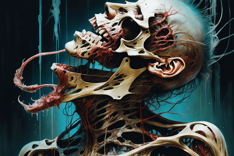 AI generated: A grotesque monster with exposed flesh and organs writhes in pain, its face contorted in agony, art ...