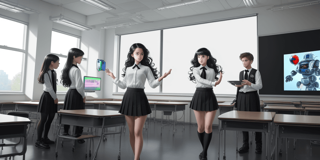 AI generated: A panoramic view of a cyberpunk and future style classroom, gorgeous teacher with class of young boy...