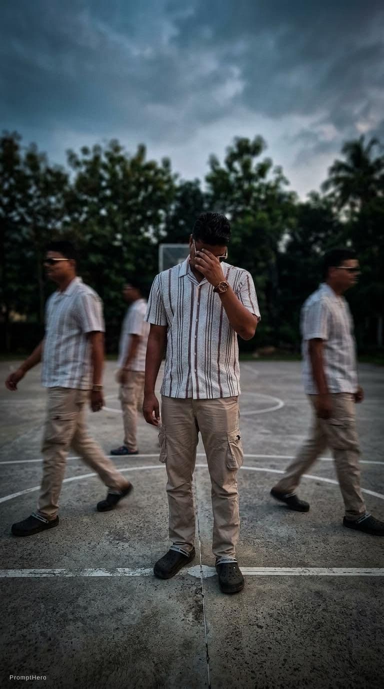 AI generated: A cinematic streetwear photoshoot of a man standing on an outdoor basketball court, don't change out...
