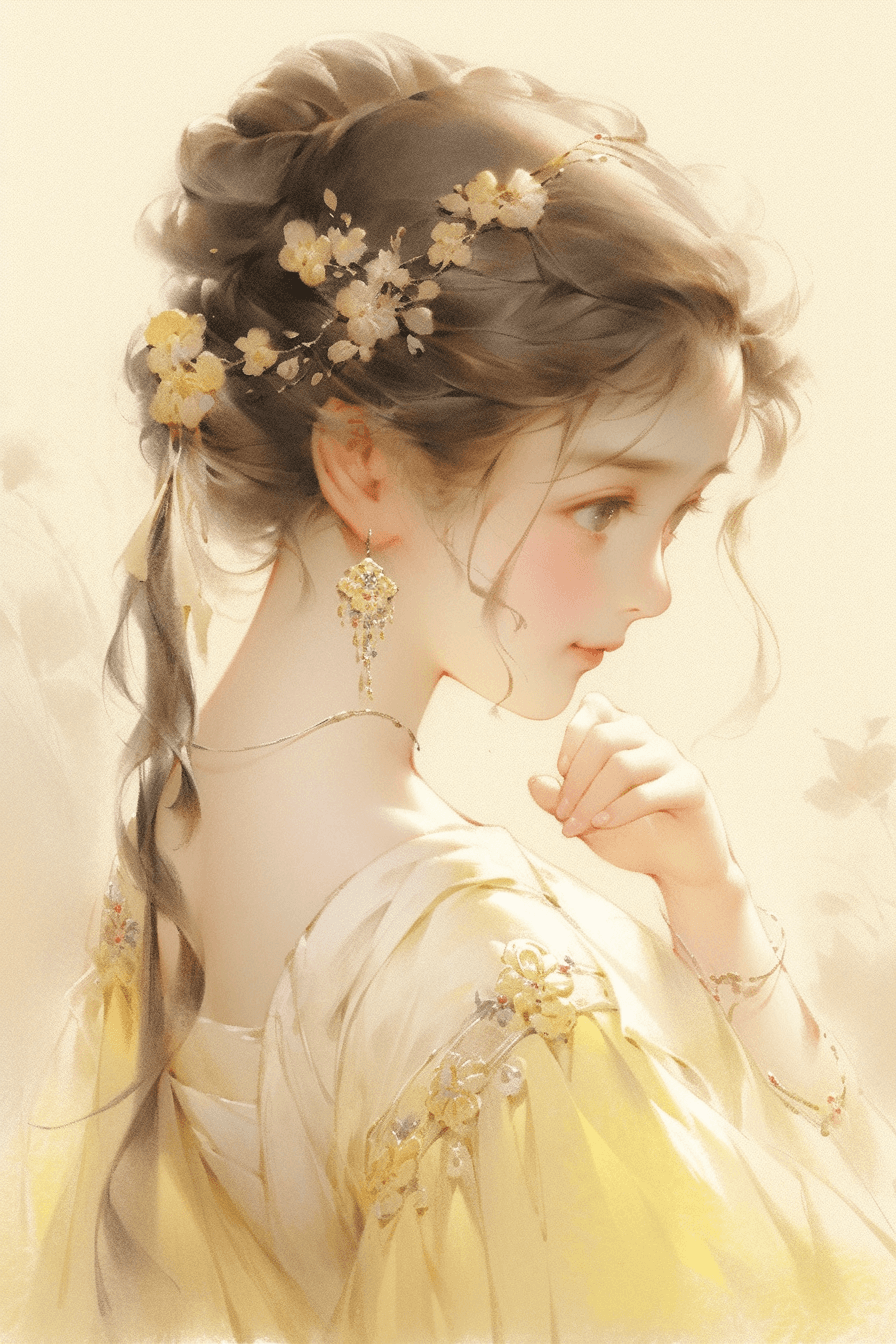 AI generated: A beautiful pale yellow Tang Dynasty dress adorns a lovely young girl. The attire is adorned with ex...