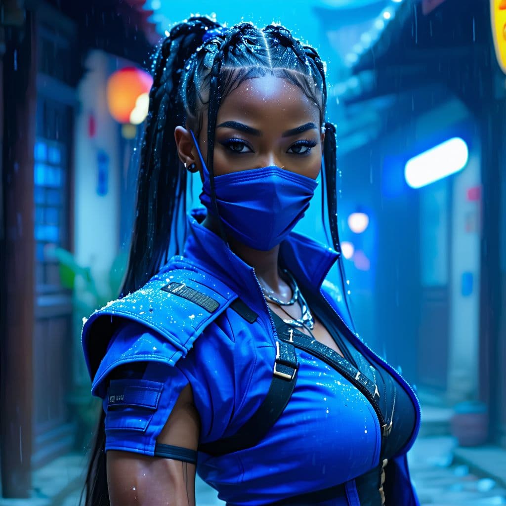 AI generated: Mortal Kombat Kitana, cyberpunk, outdoor, street, royal blue, hyperrealism, photorealistic, 8k, unre...