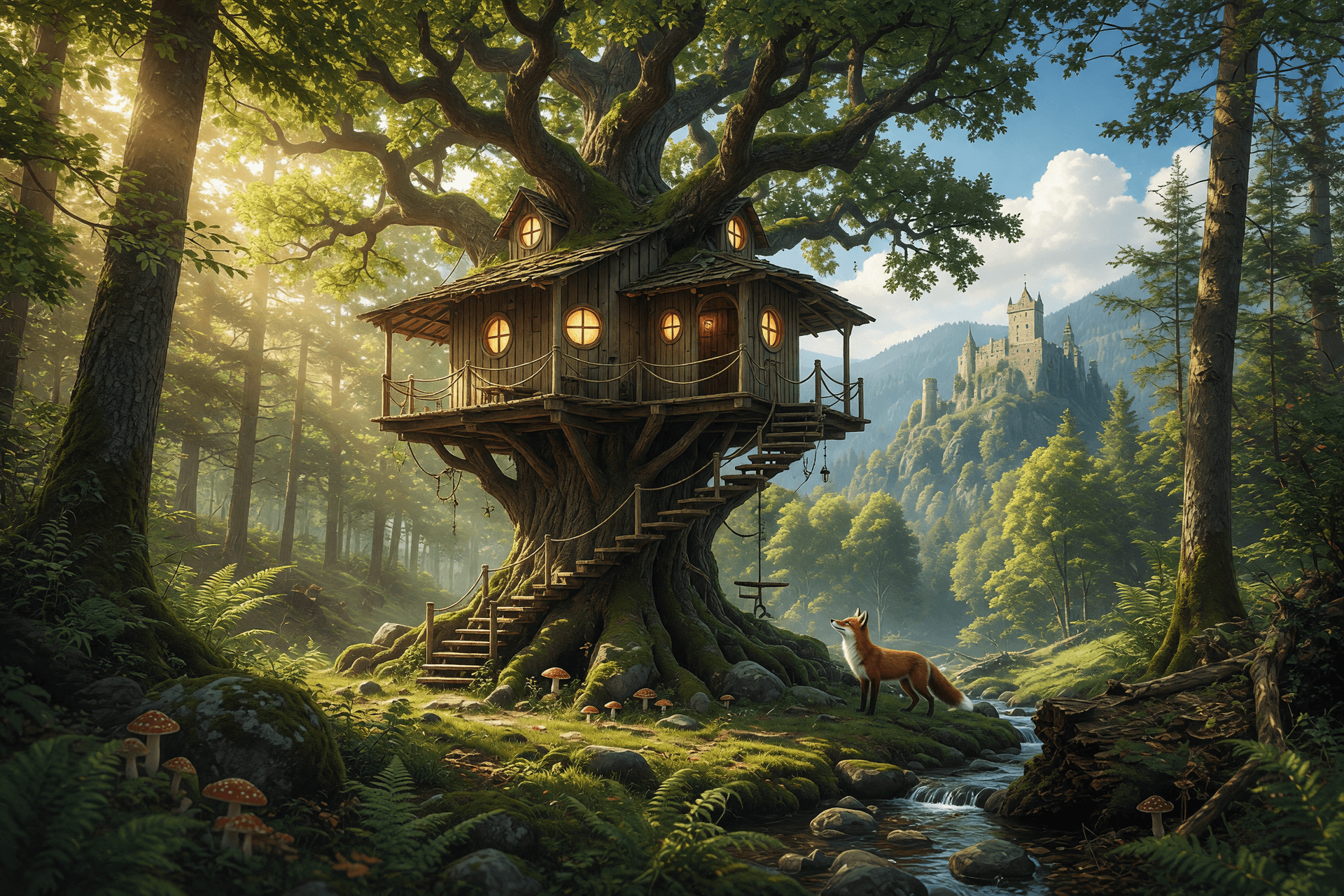 AI generated: Use @image1 to influence the mood and style of the background for @image2 tree with the treehouse. 