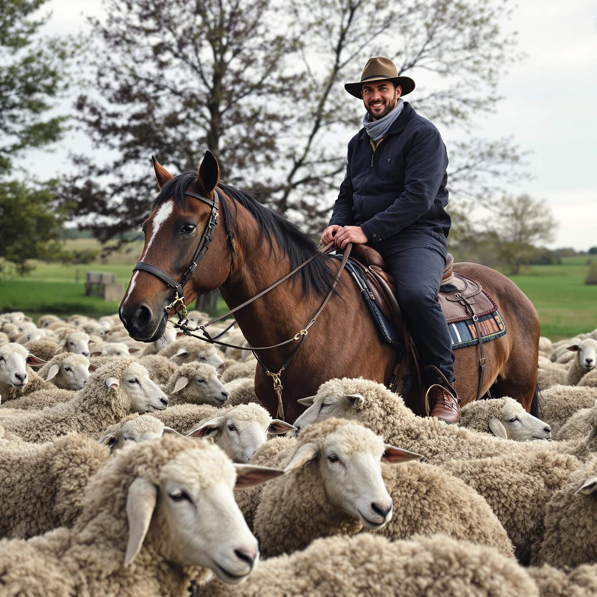 AI generated: In the photo, a man sitting on a horse looks at the camera surrounded by a flock of sheep.

