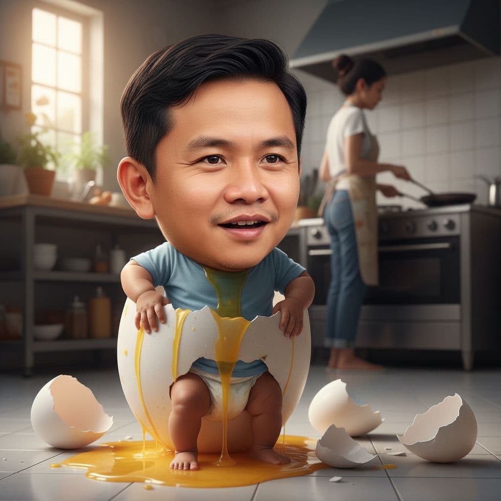 AI generated: Realistic-caricature of a big-headed baby with the face of an Indonesian adult man emerging from a n...