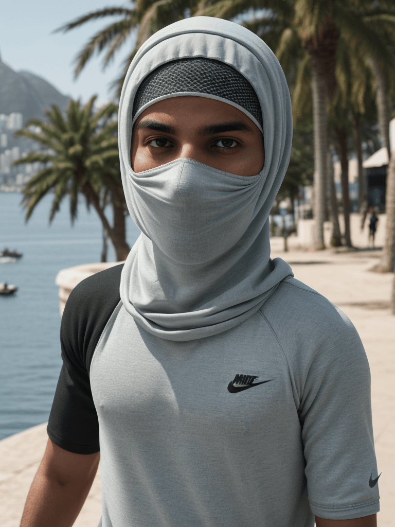 AI generated: portrait of young male muslim using nike's balaclava at Rio de Janeiro, ultra realistic, 8k full HD,...