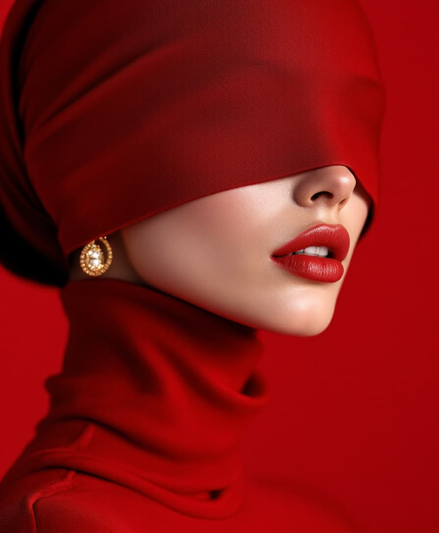 AI generated: Modern minimalist style: Close-up of a figure in a bright red turtleneck, soft and form-fitting. Hea...