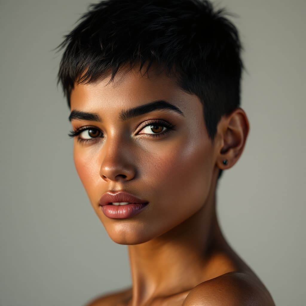AI generated: Book Cover design of an average looking Brazilian woman who is 28 years old.She has very short cropp...