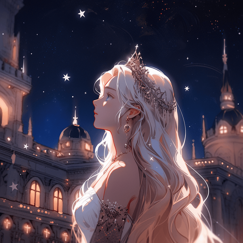 AI generated: young woman, looking up at starry skies, palace, nighttime, moon, stars, cute, --niji 5 