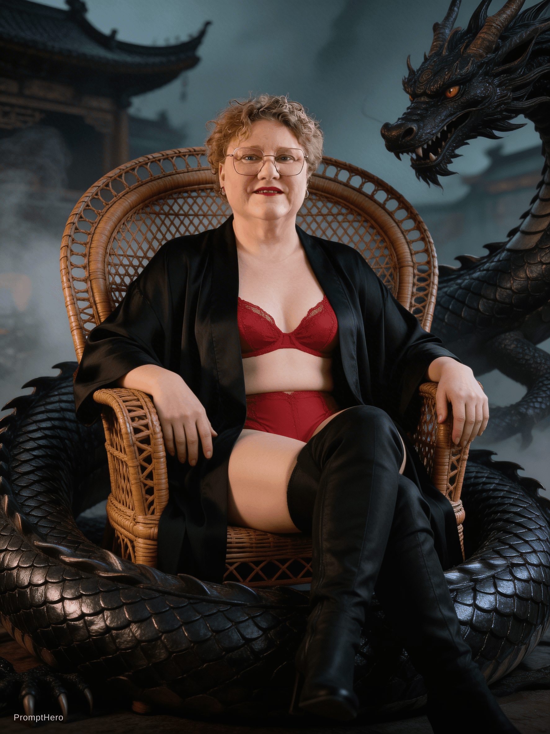 AI generated: A voluptuous woman, approximately 55 years old (reference photo), sits confidently atop a coiled bla...