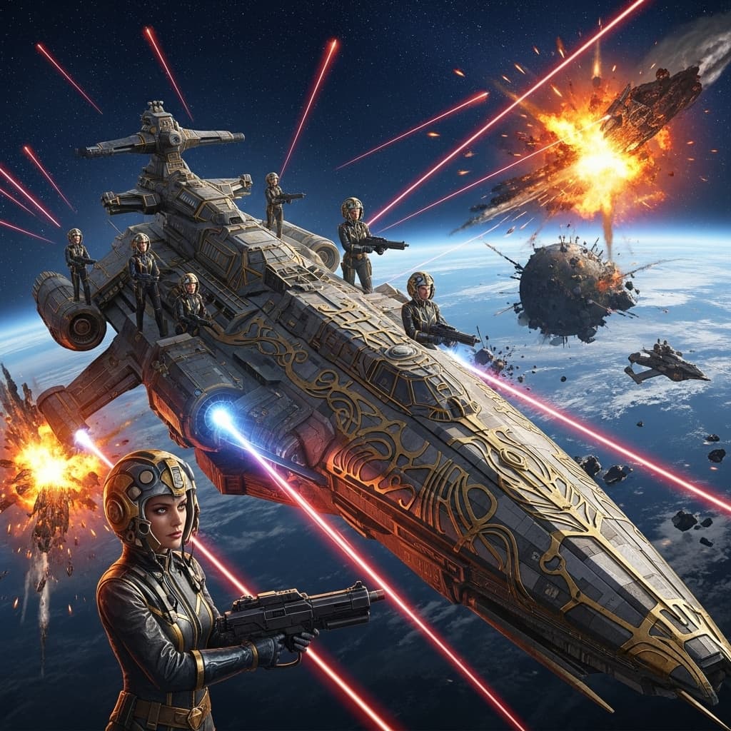 AI generated: all female intergalactic battle cruiser destroy a tiny planet full of wiked aliens that capture and ...
