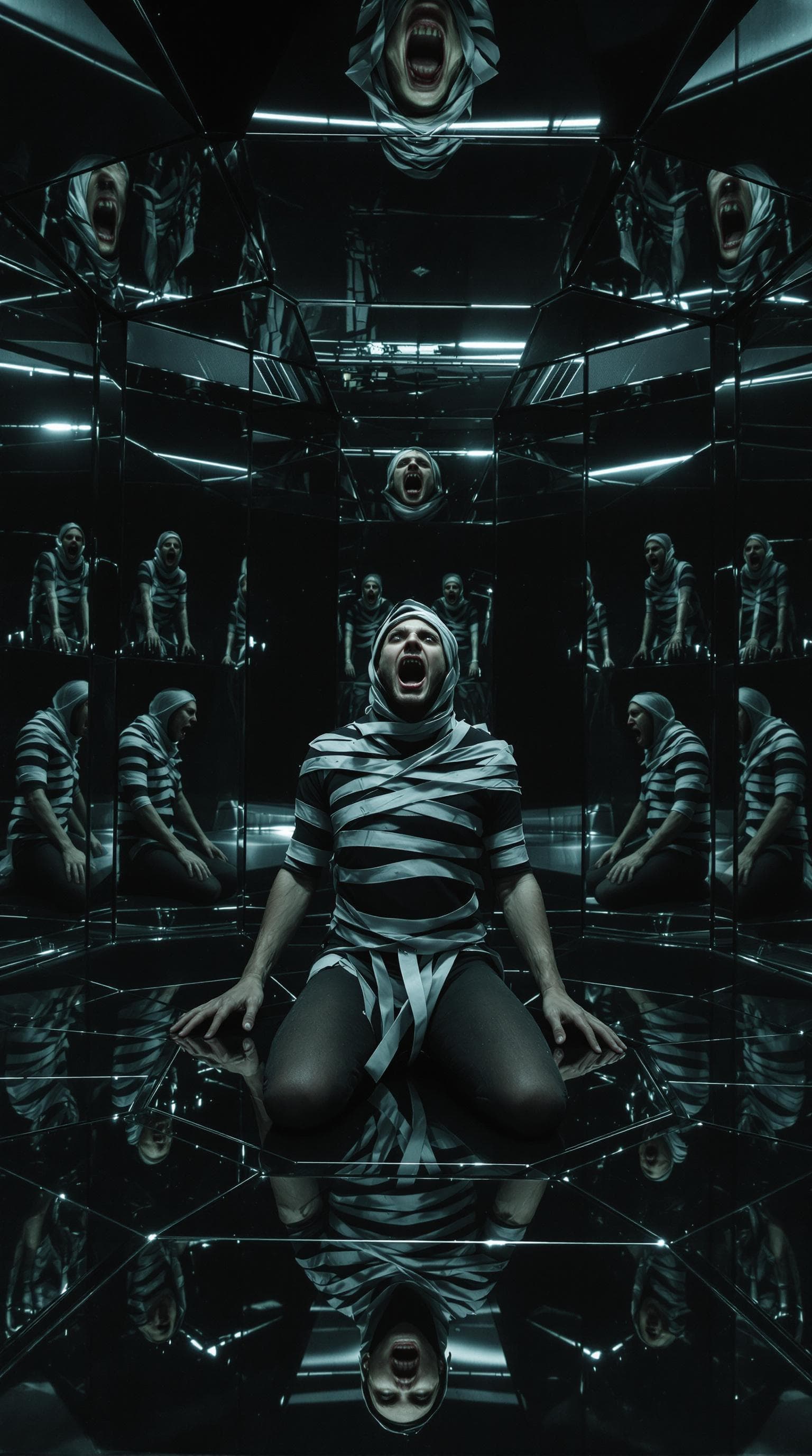 AI generated: ultrarealistic 4k, a person tightly restrained in a straitjacket, arms bound tight to the body, into...