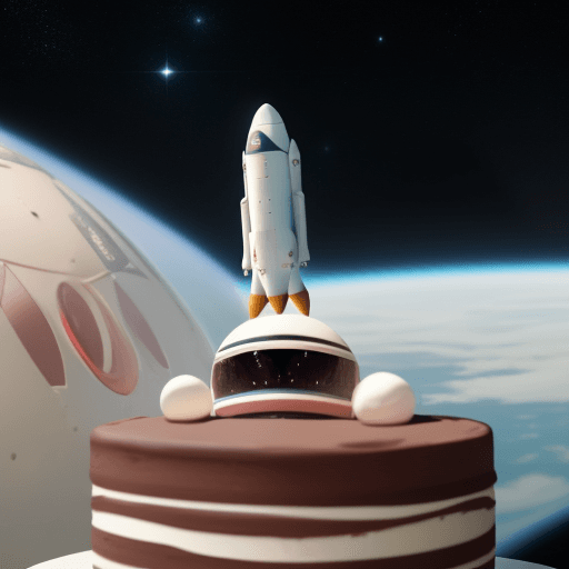 AI generated: Midjourney style, Space X make a rocket out of birthday cake, Elon Musk's face watching over the sce...
