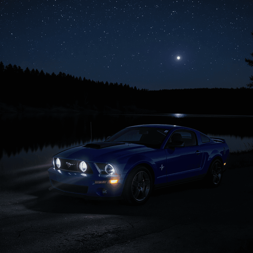 AI generated: A blue 2009 Ford mustang, parked by a quite lake at night, headlights on, a small moon glows high in...