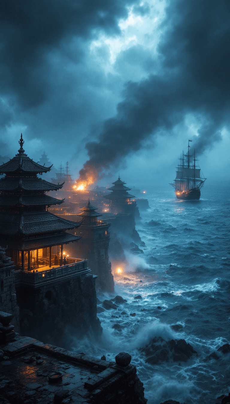 AI generated:  Create a dramatic and intense scene of Istana Somba Opu during a fierce battle, situated on the coa...