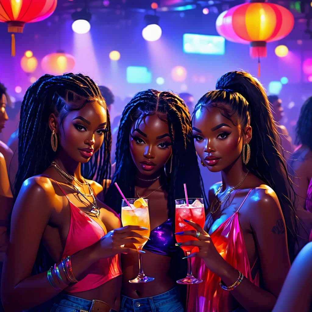 AI generated: 3 very exotic girls, 1 african american , 1 asian mixed with black and 1 hispanic are holding drinks...