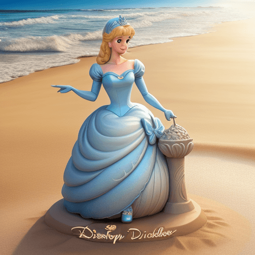 AI generated: disney princess cinderella as sand statue on the beach