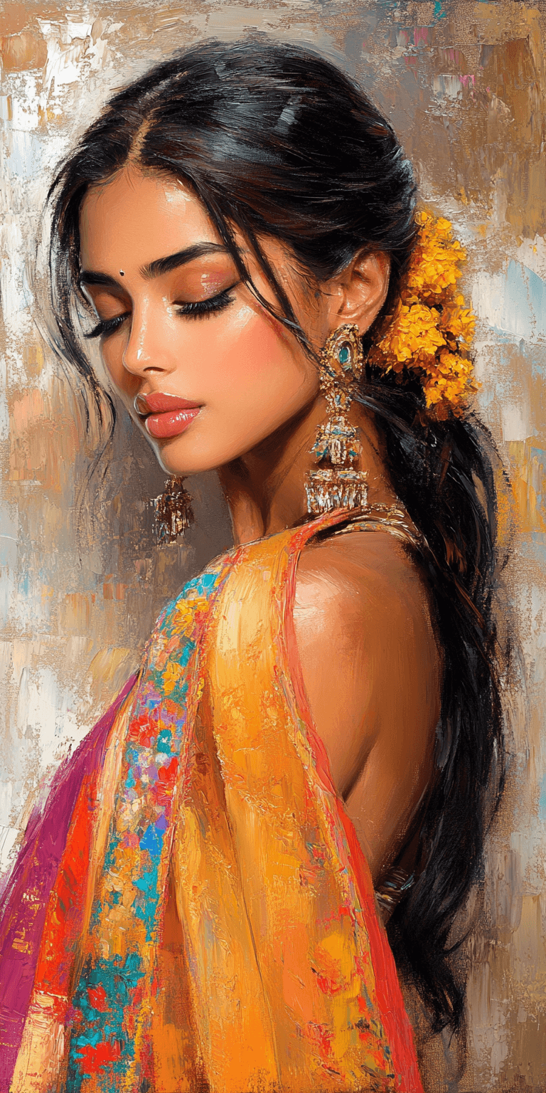 AI generated: a masterpiece post-impressionist oil painting of beautiful Bollywood actress wearing a sari, in the ...