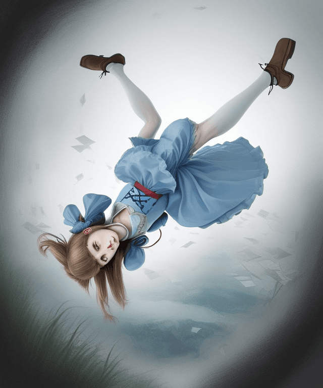 AI generated: realistic drawing 
alice from alice in wonderland free falling from the sky 
alice body is horizonta...