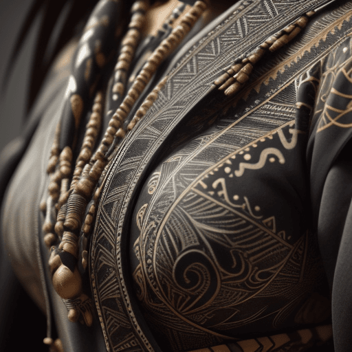 AI generated: intricate closeup-shot, masterpiece artwork,, tribal suit, black accent