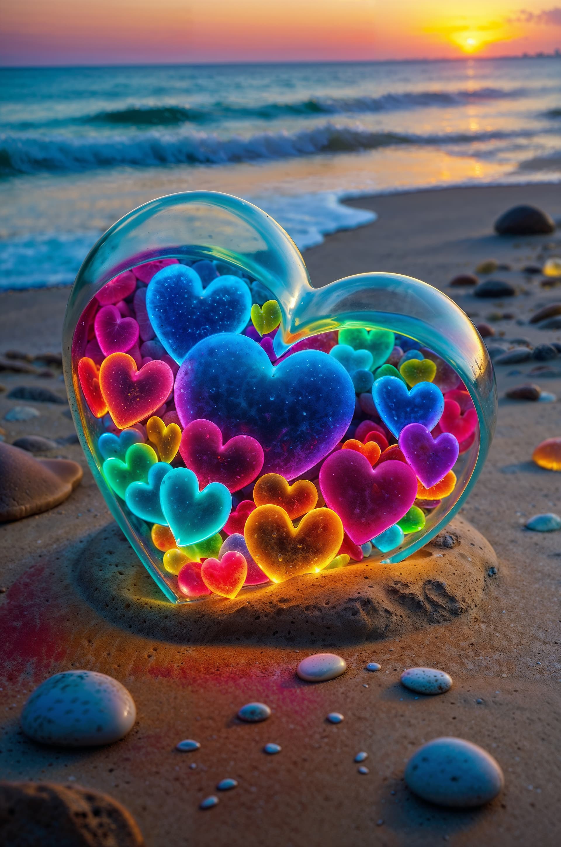 AI generated: A captivating, surreal artwork by Hans Darias AI, depicting a transparent  heart-shaped container fi...
