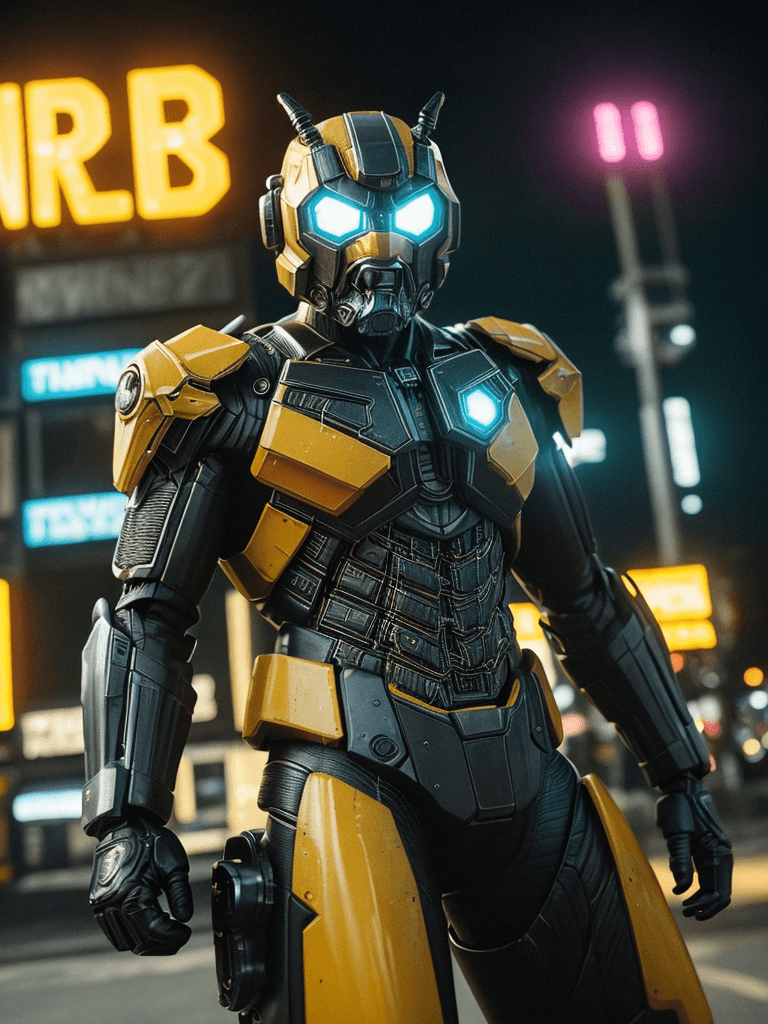 AI generated: transformer's movie bumblebee , bright lights, night time, cinematic lighting, battered, medium angl...