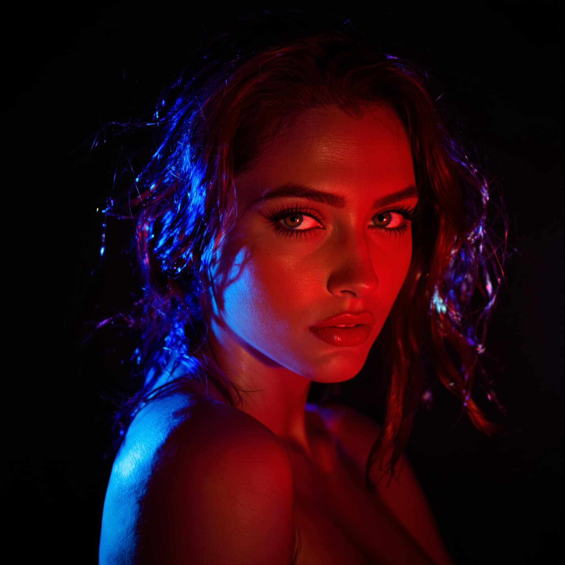 AI generated: fashion editorial, a portrait of young woman is studio red and blue lights in style Alain Laboile, s...