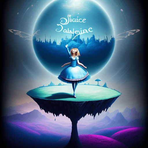 AI generated: surreal landscape view of Alice in Wonderland in Disney style with surreal text "dance techno and fl...