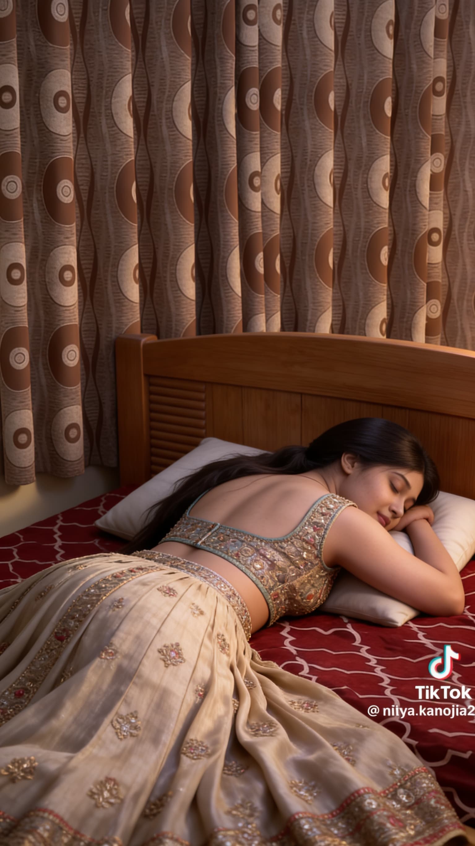 AI generated: Create the high ultra realistic picture as this Indian girl is sleeping face lying down on bed with ...