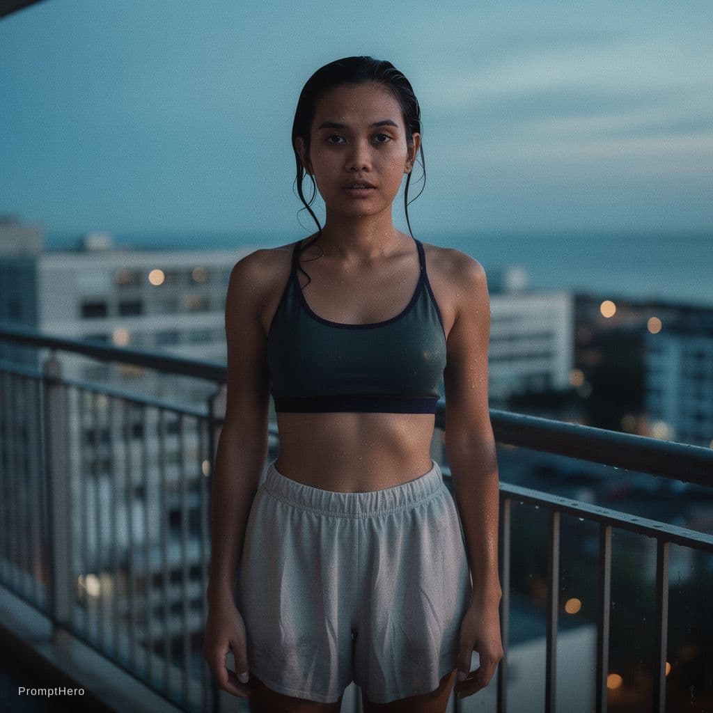 AI generated: A documentary style photograph of a young female on a high balcony just after swimming. Her long dar...