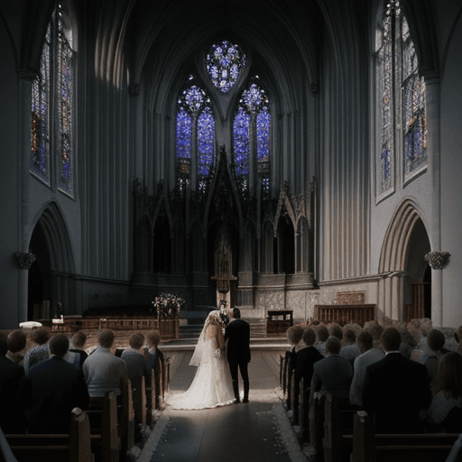 AI generated: Photo of wedding ceremony,  gothic church, dramatic light, pale sunrise, cinematic lighting
