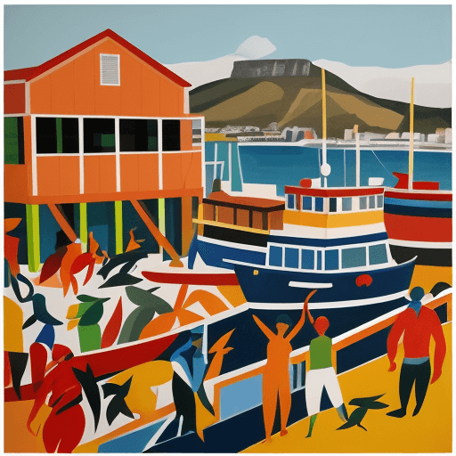AI generated: (Painting of cape-town fish market at a lively fish harbour) Infuse the vibrant scenes of Romare Bea...
